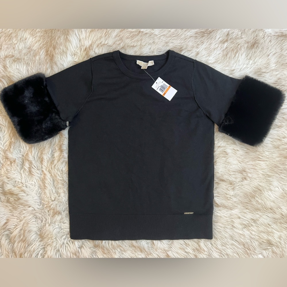 Michael Kors Black Derby Sweater Faux Fur Cuffs NWT